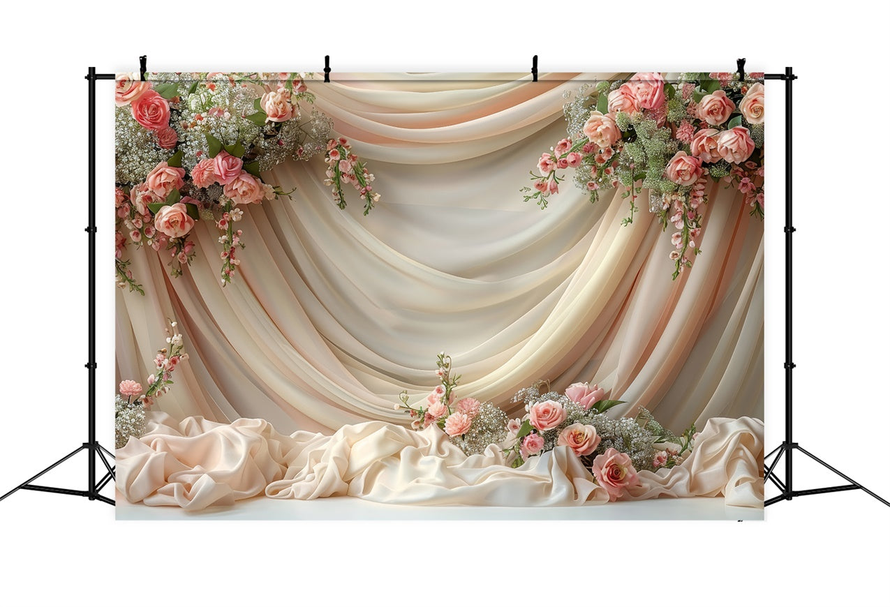 Photo Backdrop Floral Cream Rose Satin Drapery Backdrop BRP1-359