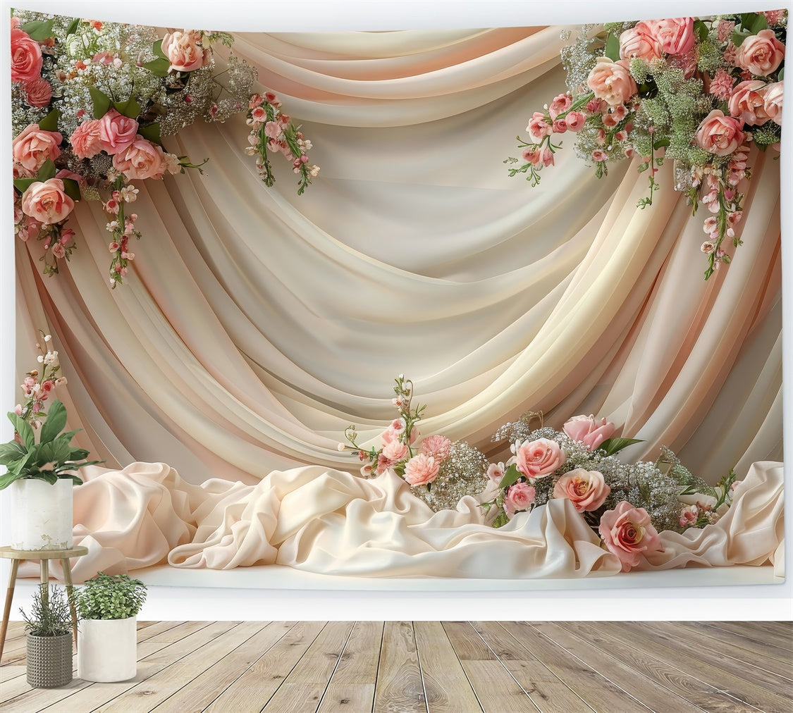 Photo Backdrop Floral Cream Rose Satin Drapery Backdrop BRP1-359