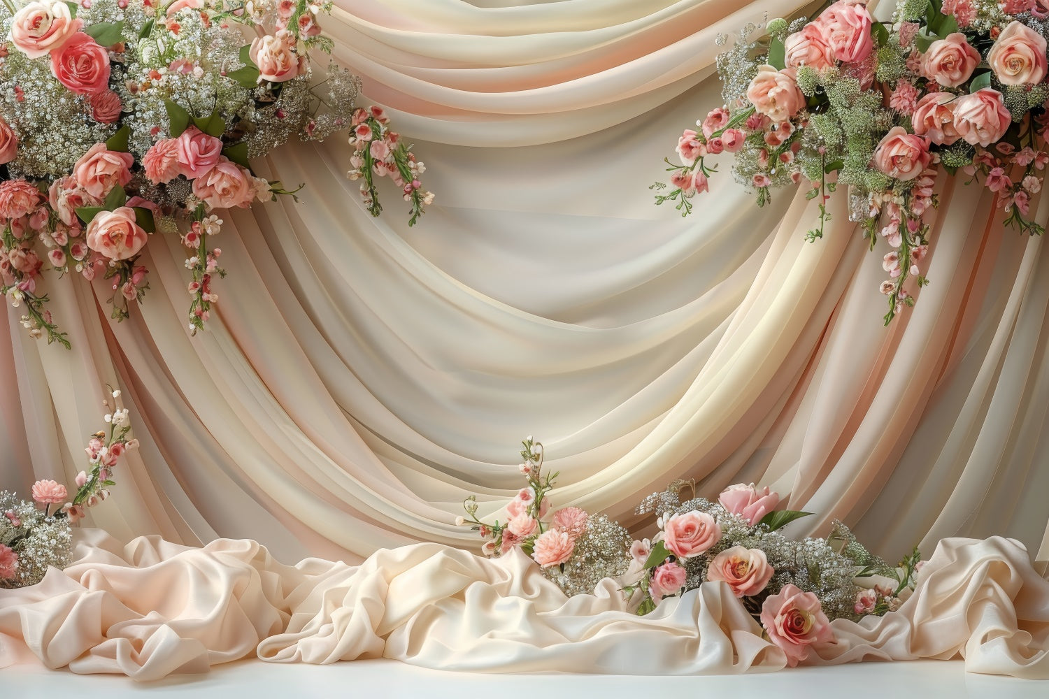 Photo Backdrop Floral Cream Rose Satin Drapery Backdrop BRP1-359