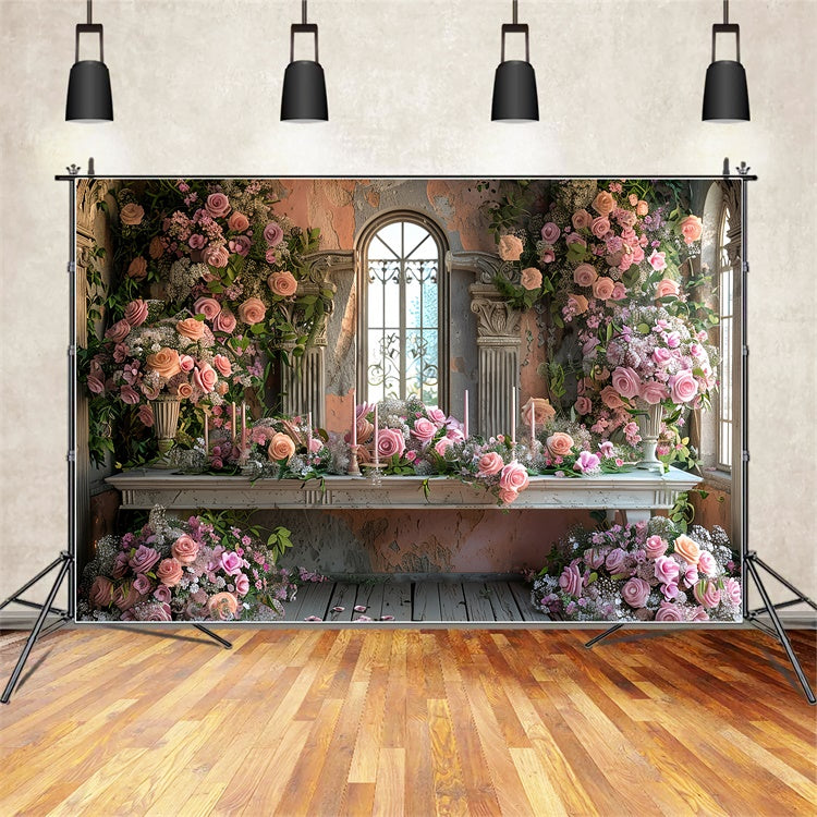 Floral Backdrop Photography Vintage Pink Rose Window Backdrop BRP1-365