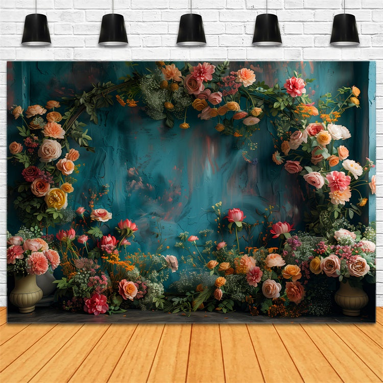 Floral Backdrops For Photography Vibrant Blooms Teal Backdrop BRP1-367