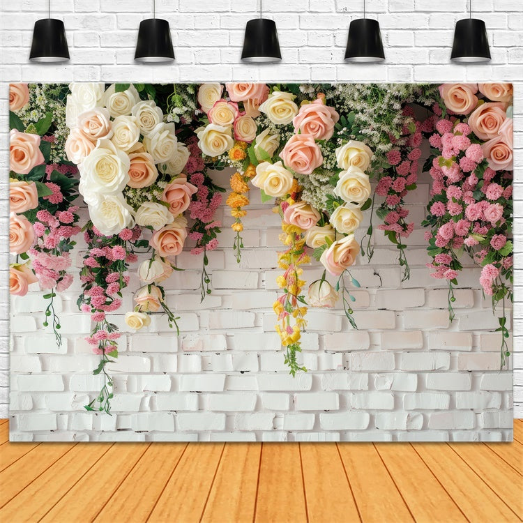 Floral Photo Backdrop Graceful Roses Rustic White Backdrop BRP1-371