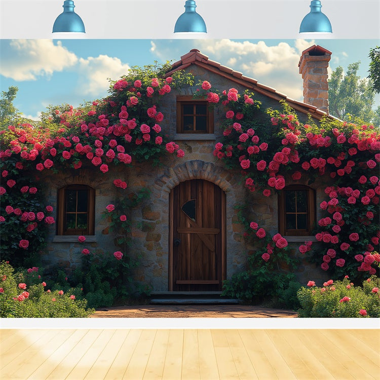 Floral Photography Backdrop Rustic Stone Cottage Rose Backdrop BRP1-382