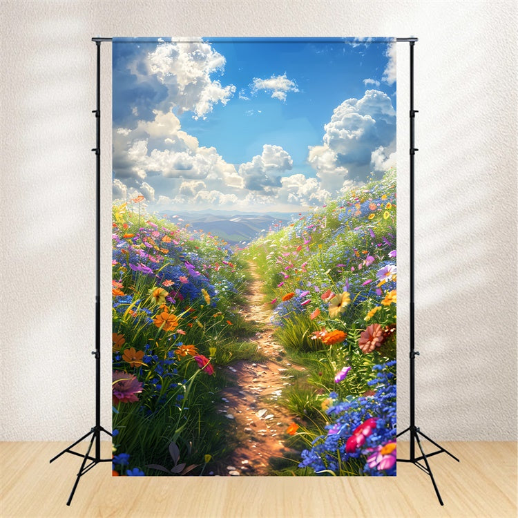 Flower Photography Backdrop Blooming Meadow Blue Sky Backdrop BRP1-389