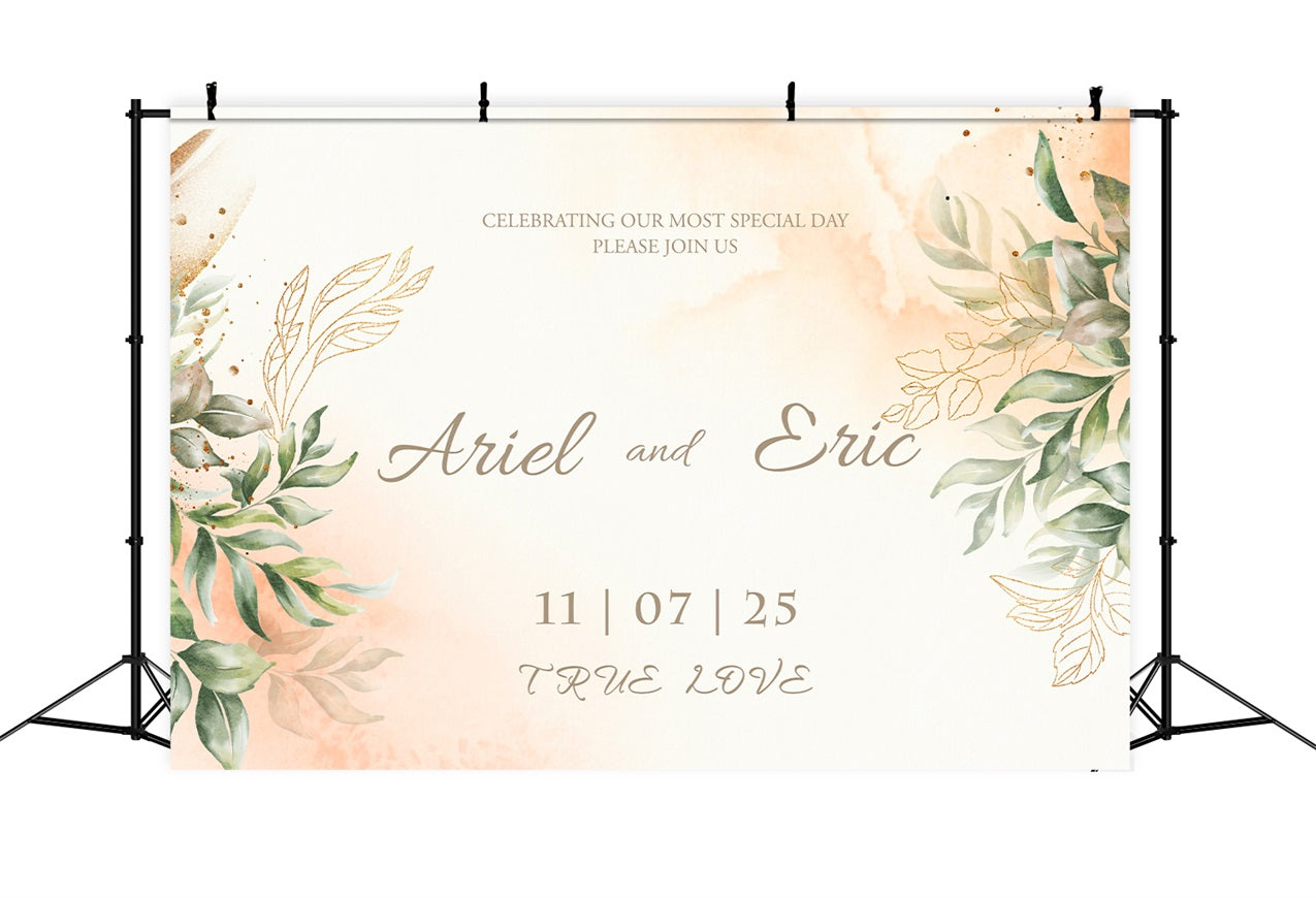 Personalized Wedding Photo Backdrop Greenery Gold Accents Backdrop BRP1-411