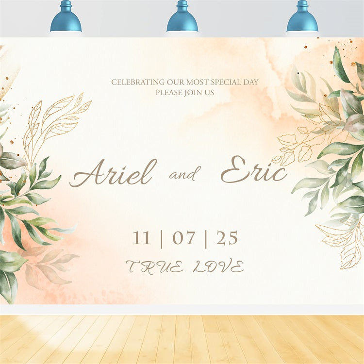 Personalized Wedding Photo Backdrop Greenery Gold Accents Backdrop BRP1-411