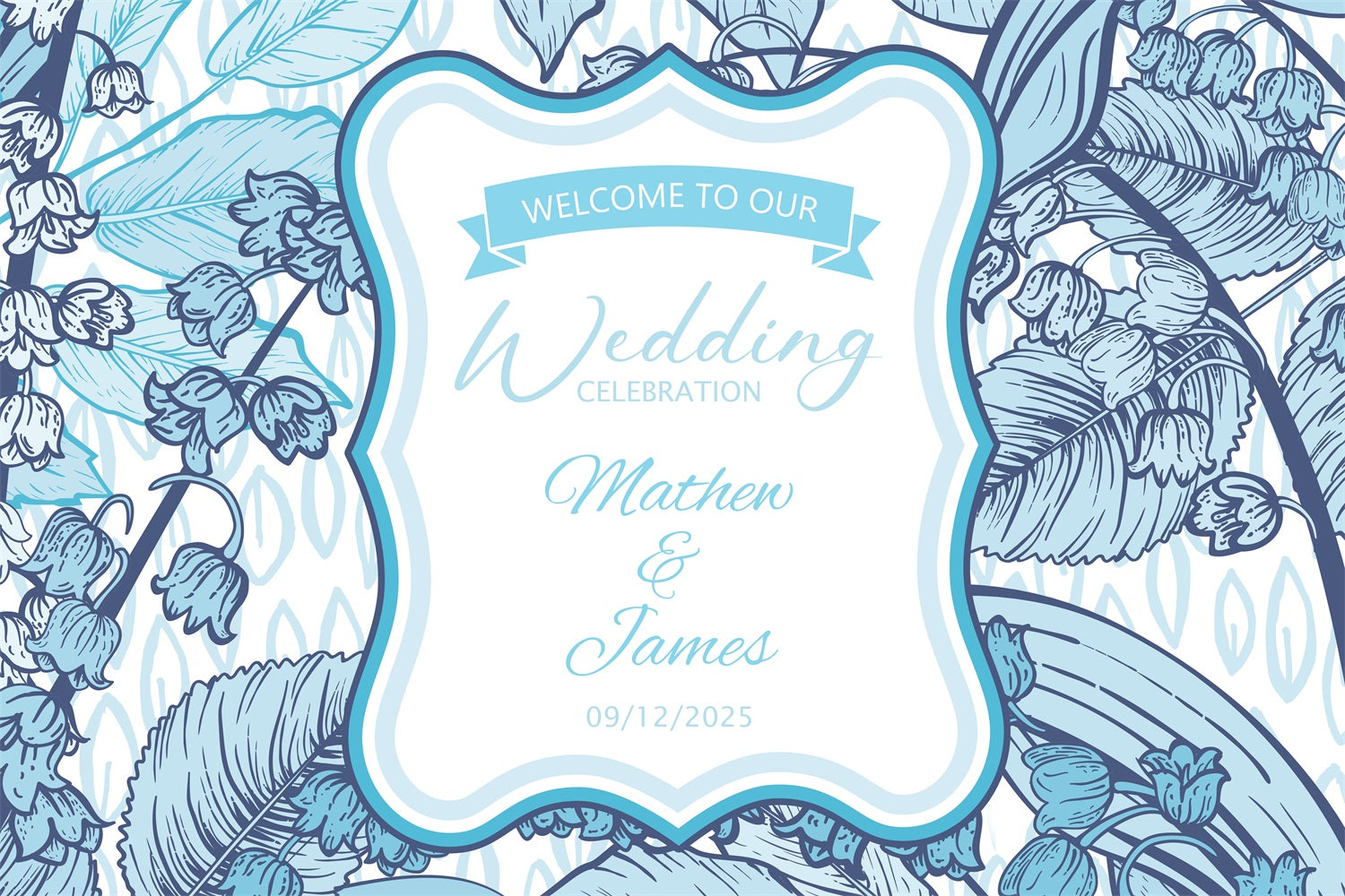 Personalized Photo Backdrop Wedding White Blue Floral Backdrop BRP1-412