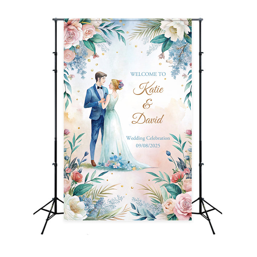 Personalized Wedding Photo Backdrop Watercolor Floral Celebration Backdrop BRP1-429