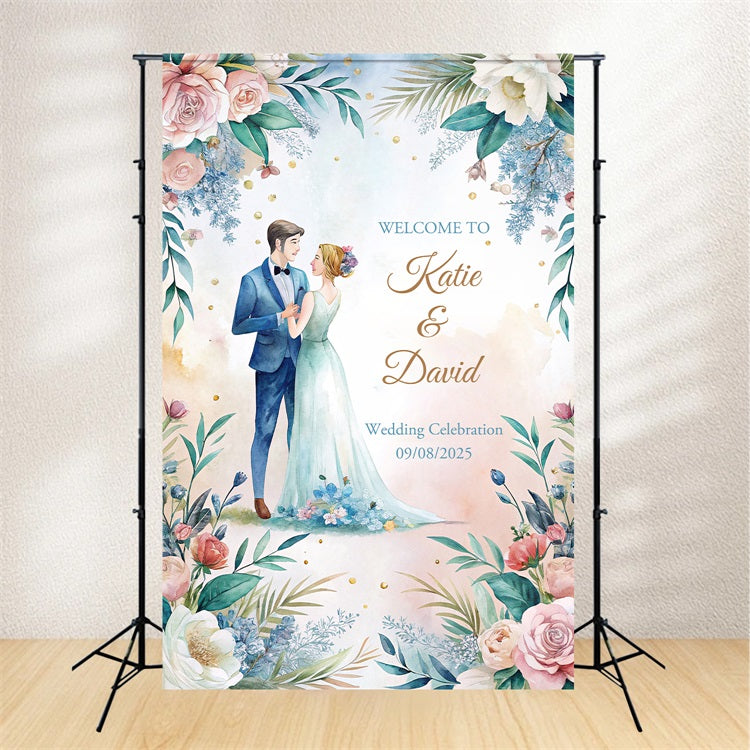 Personalized Wedding Photo Backdrop Watercolor Floral Celebration Backdrop BRP1-429