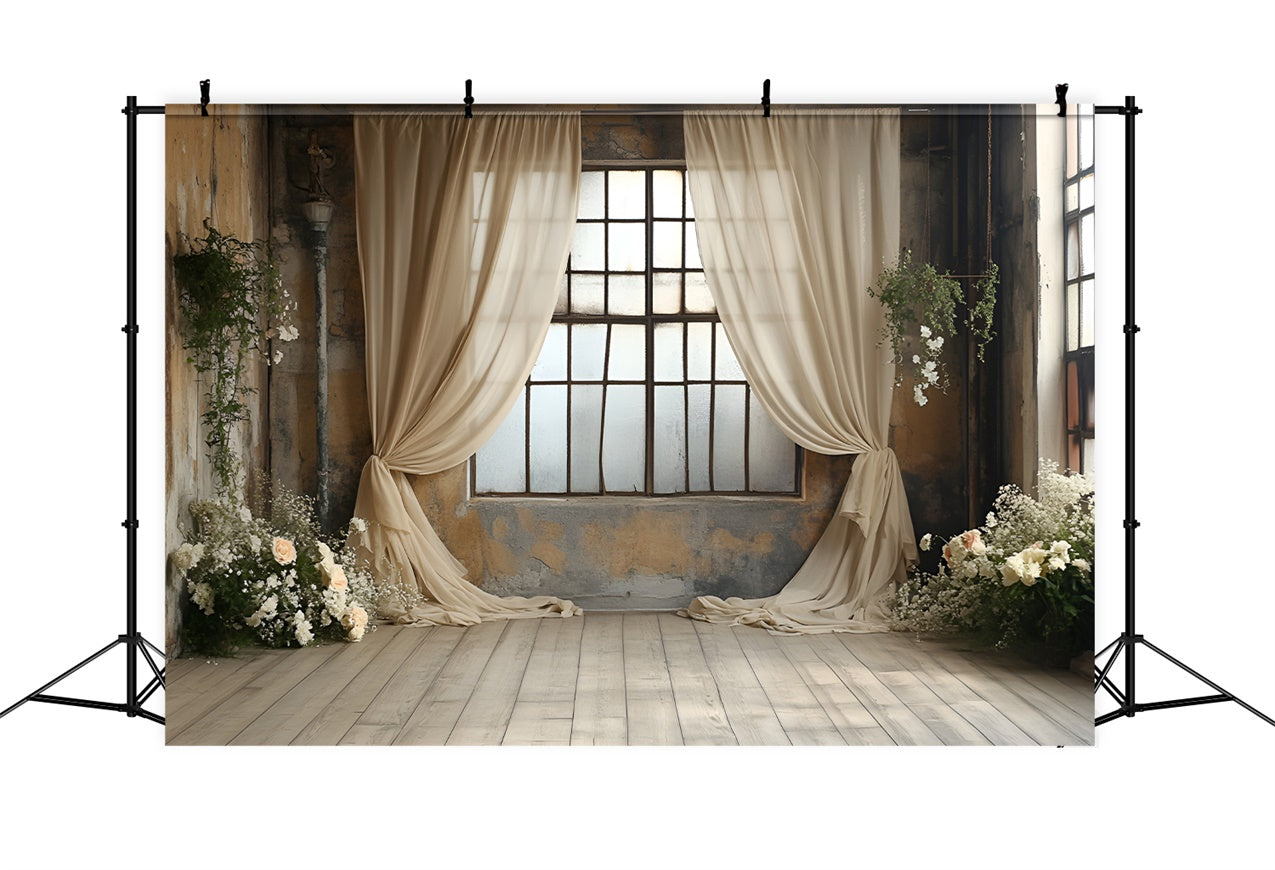 Boudoir Photo Backdrops Beige Curtains Floral Window Backdrop BRP1-488