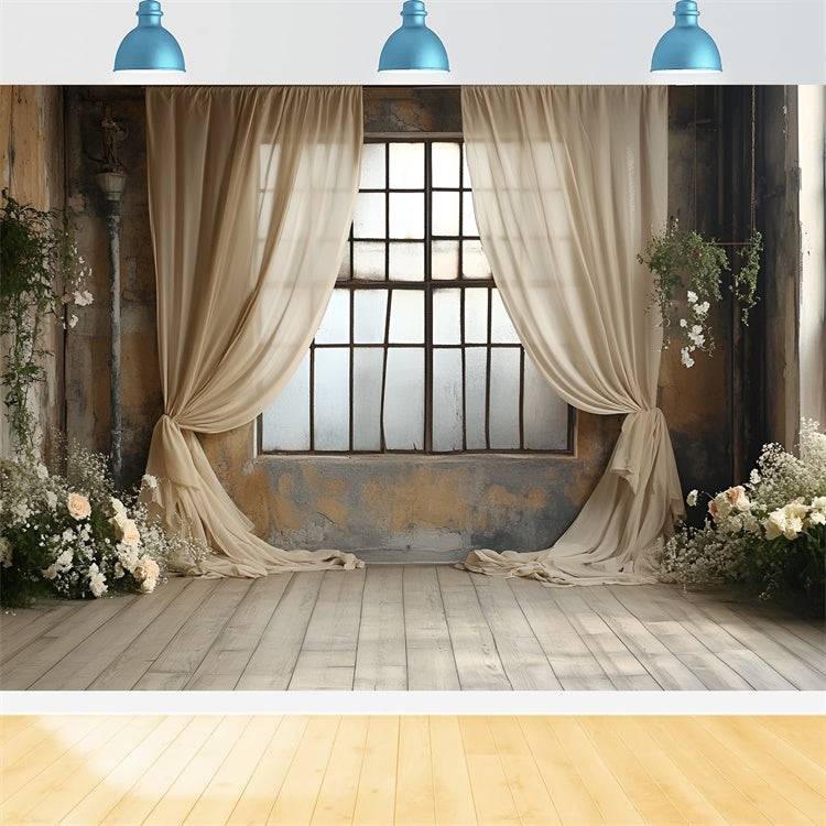 Boudoir Photo Backdrops Beige Curtains Floral Window Backdrop BRP1-488