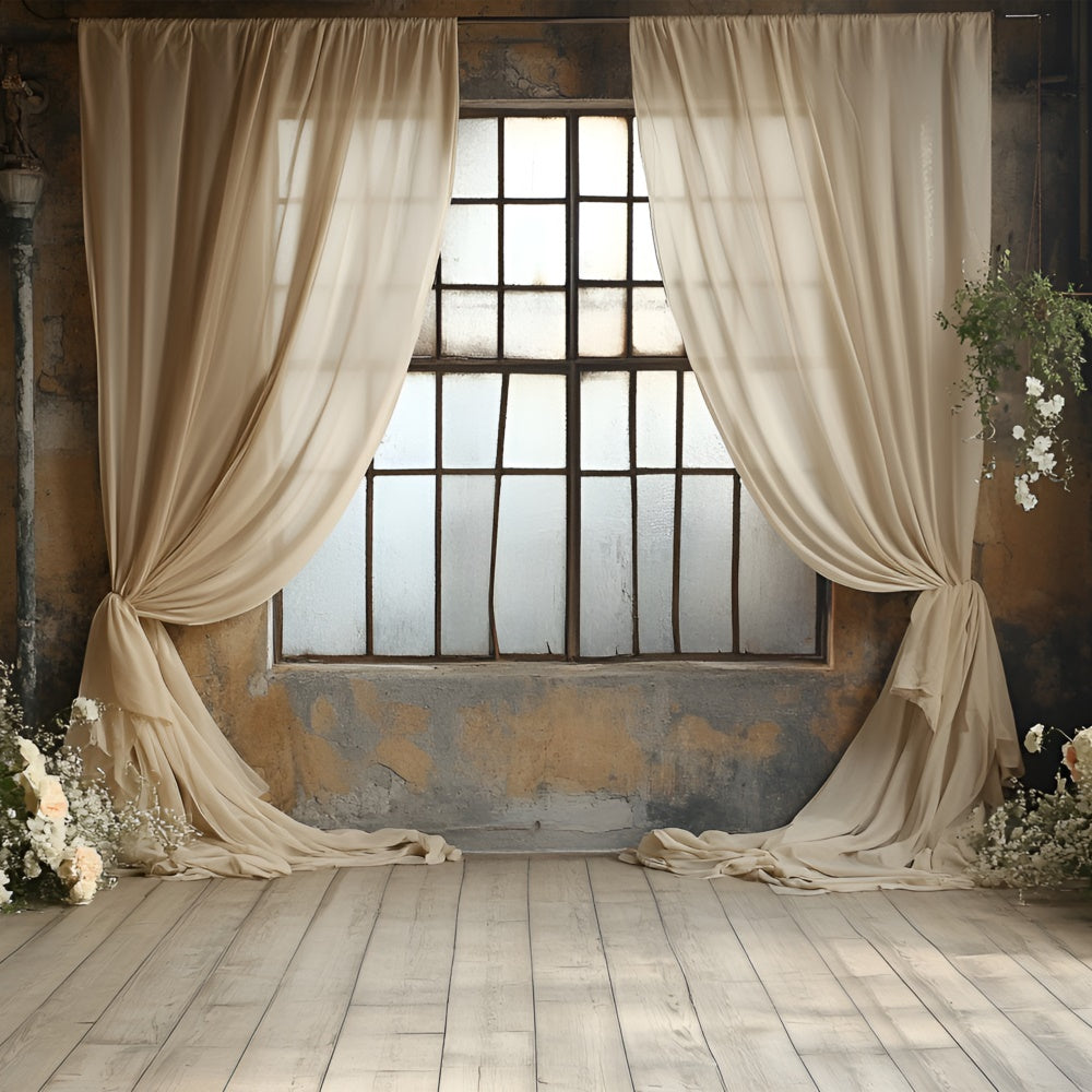 Boudoir Photo Backdrops Beige Curtains Floral Window Backdrop BRP1-488