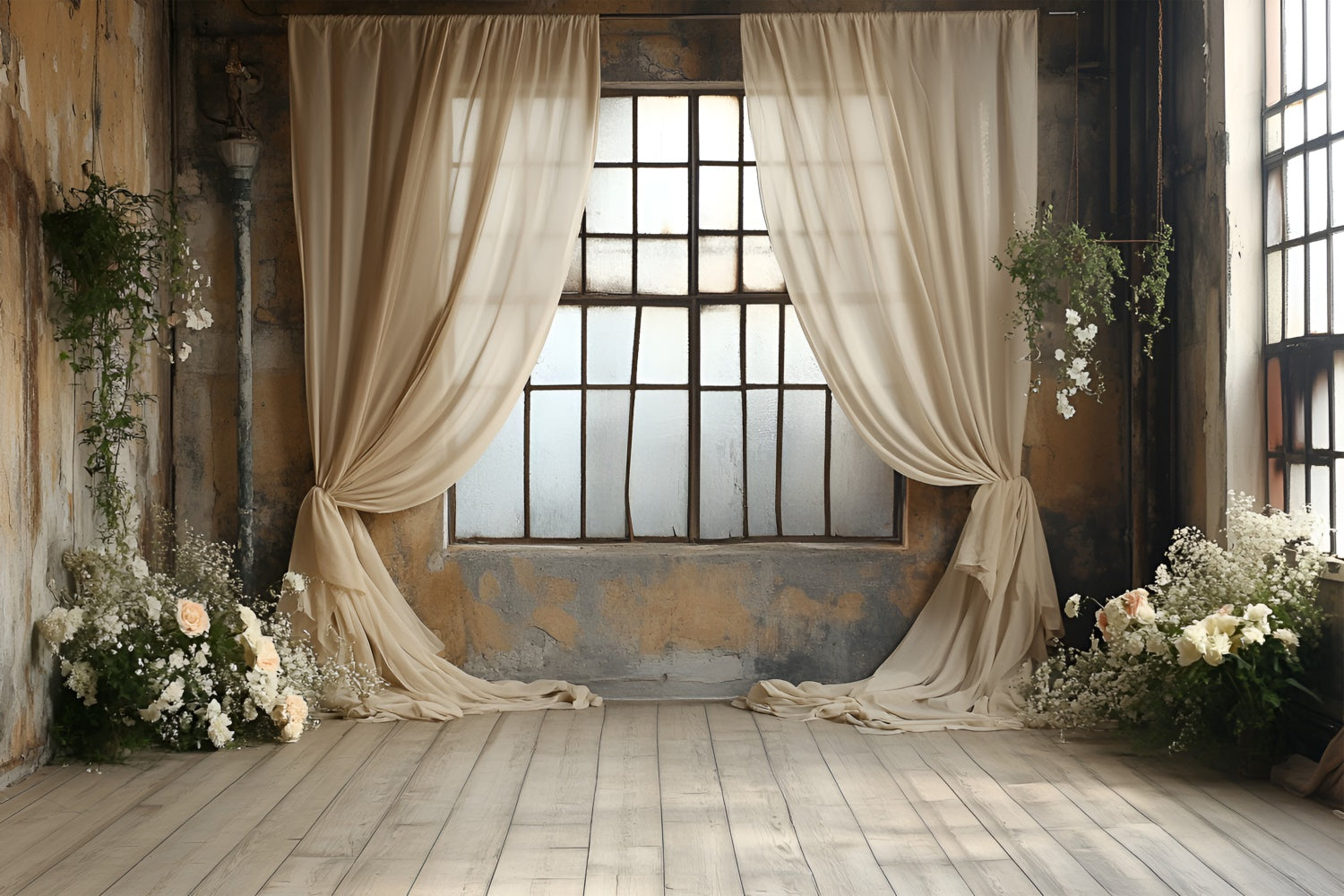 Boudoir Photo Backdrops Beige Curtains Floral Window Backdrop BRP1-488