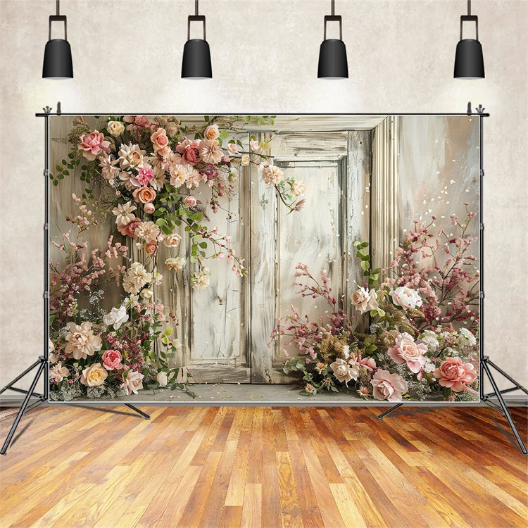 Floral Photo Backdrop Vintage Wooden Door Backdrop BRP1-500