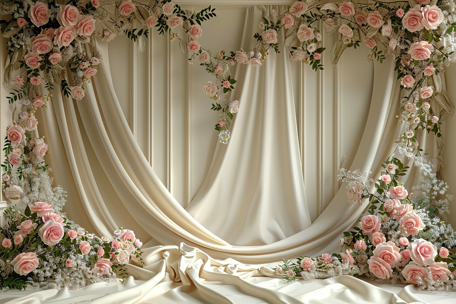 Floral Backdrop Cream Curtain Blooming Rose Backdrop BRP1-501