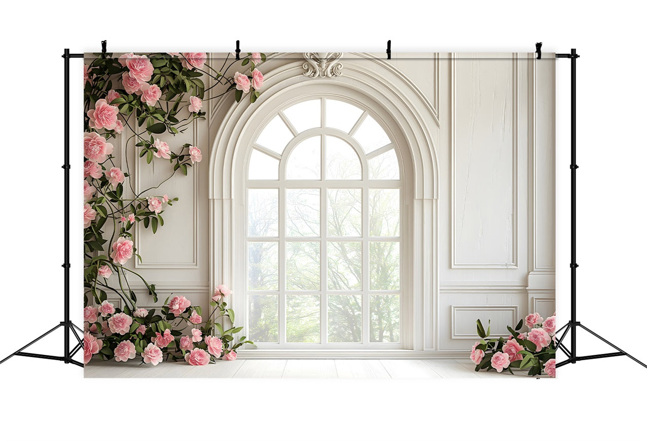 Floral Photography Backdrops White Window Pink Rose Backdrop BRP1-502