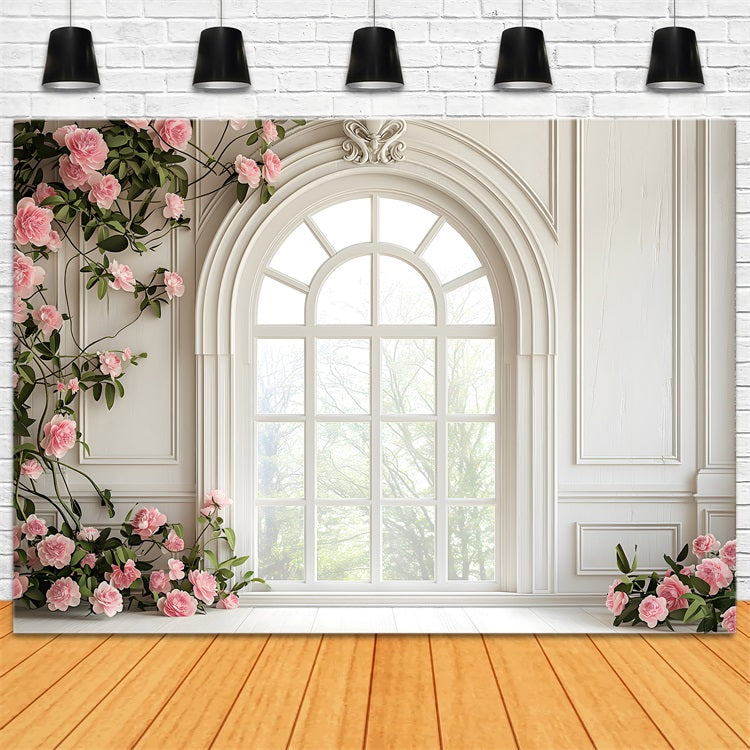 Floral Photography Backdrops White Window Pink Rose Backdrop BRP1-502