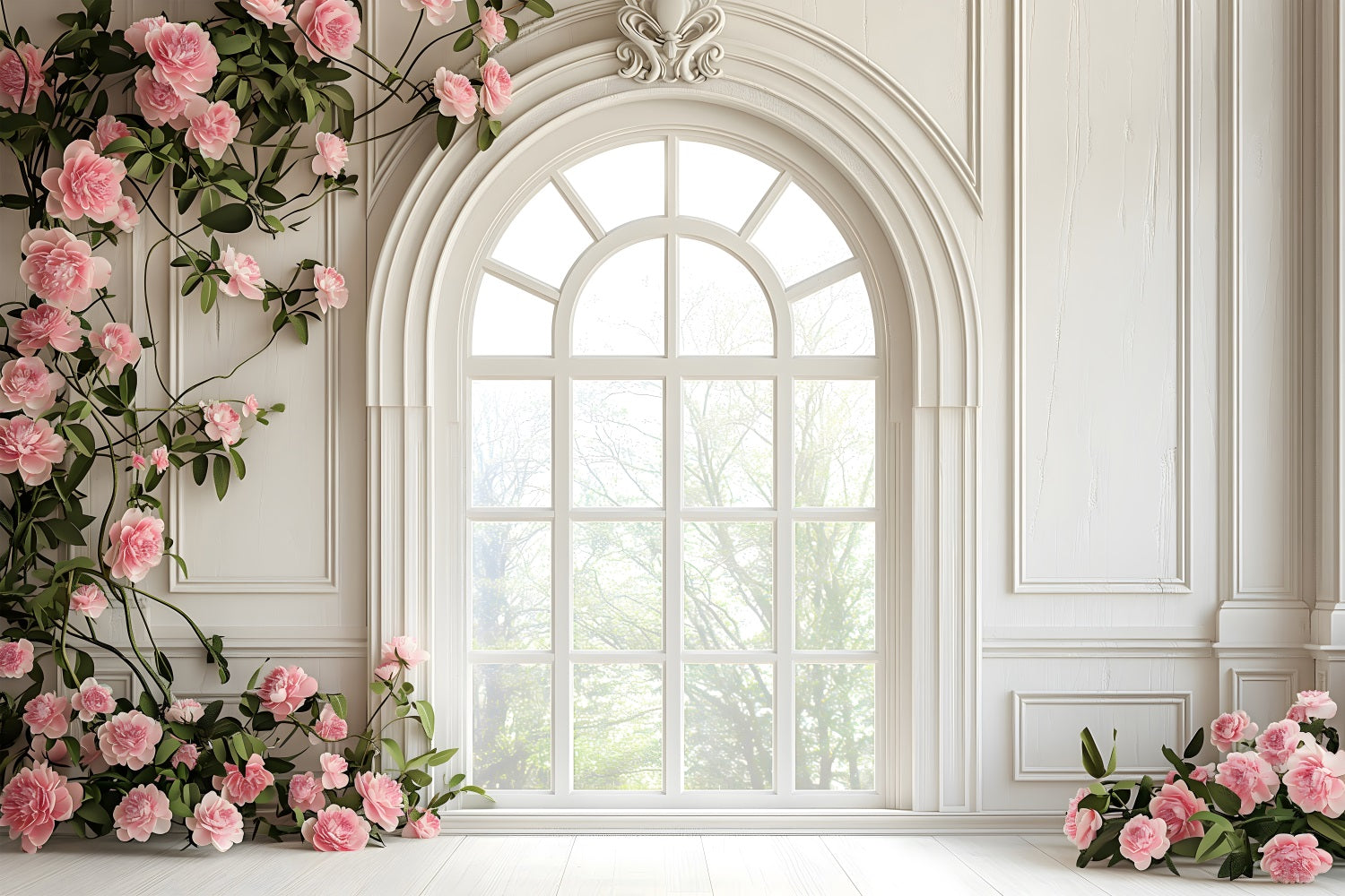 Floral Photography Backdrops White Window Pink Rose Backdrop BRP1-502