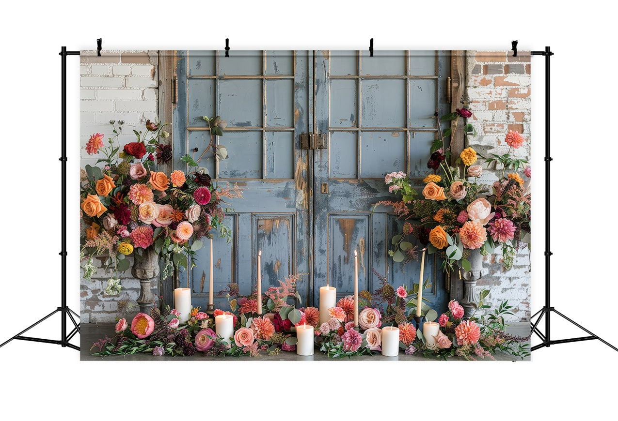 Floral Photo Backdrop Antique Blue Door Floral Backdrop BRP1-503