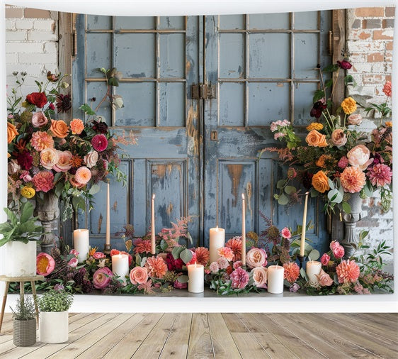 Floral Photo Backdrop Antique Blue Door Floral Backdrop BRP1-503