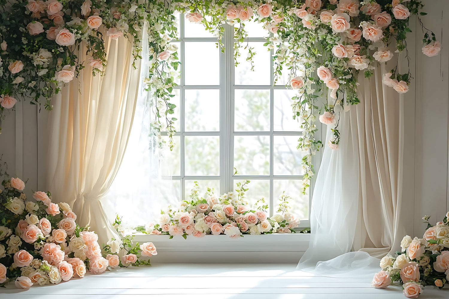 Floral Photo Backdrop Pastel Rose Draped Window Backdrop BRP1-508