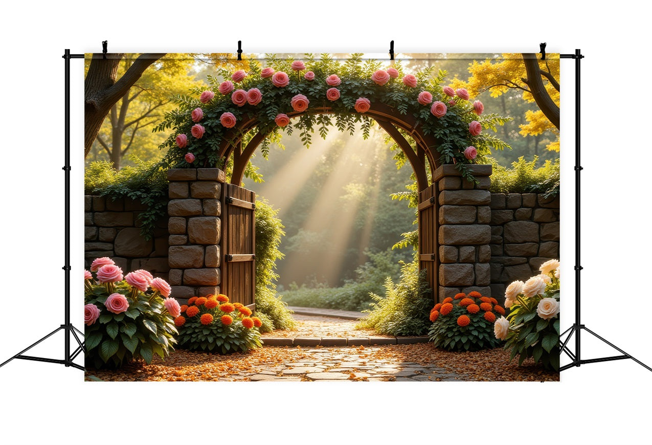 Floral Backdrop Photography Rose-Laden Stone Arch Backdrop BRP1-514