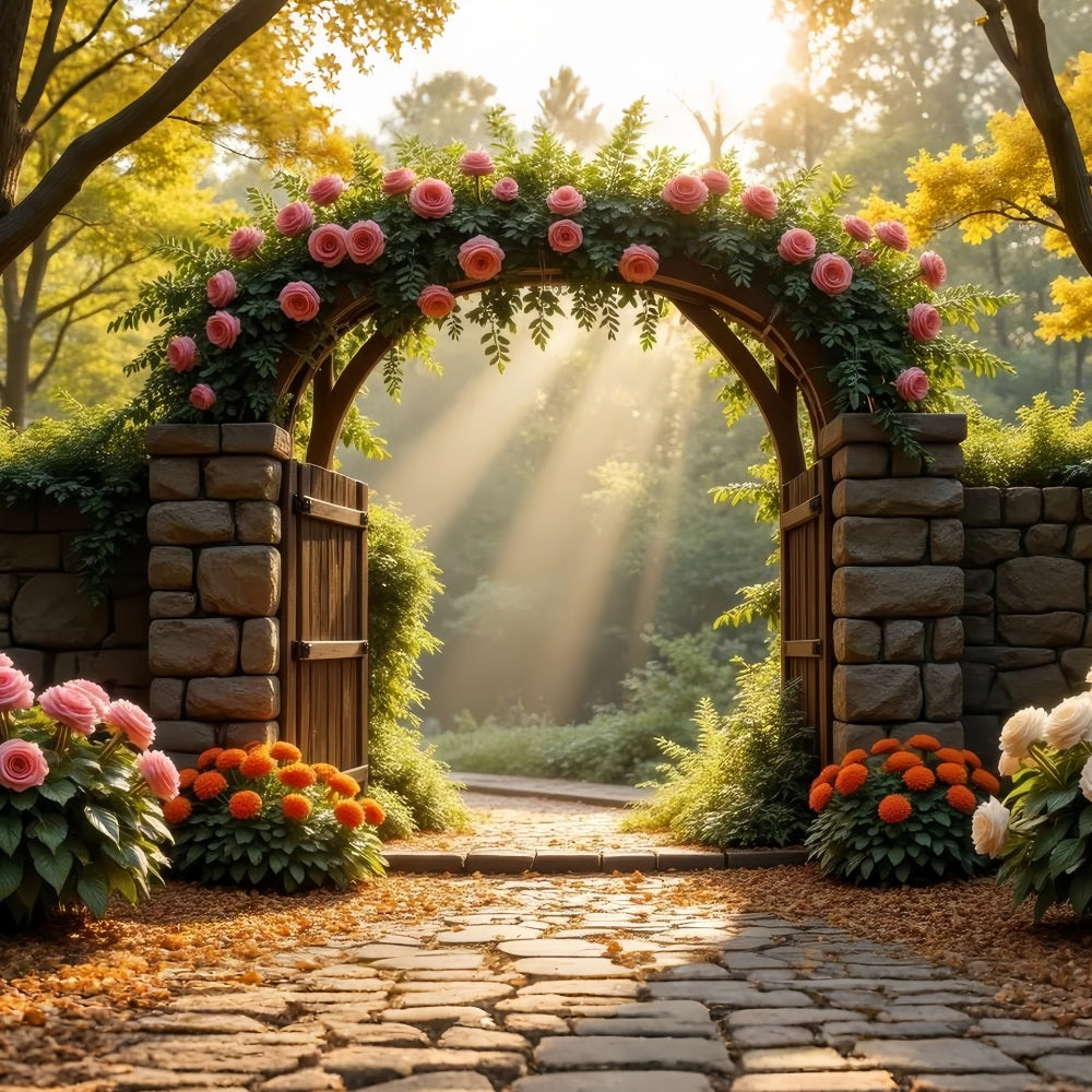 Floral Backdrop Photography Rose-Laden Stone Arch Backdrop BRP1-514