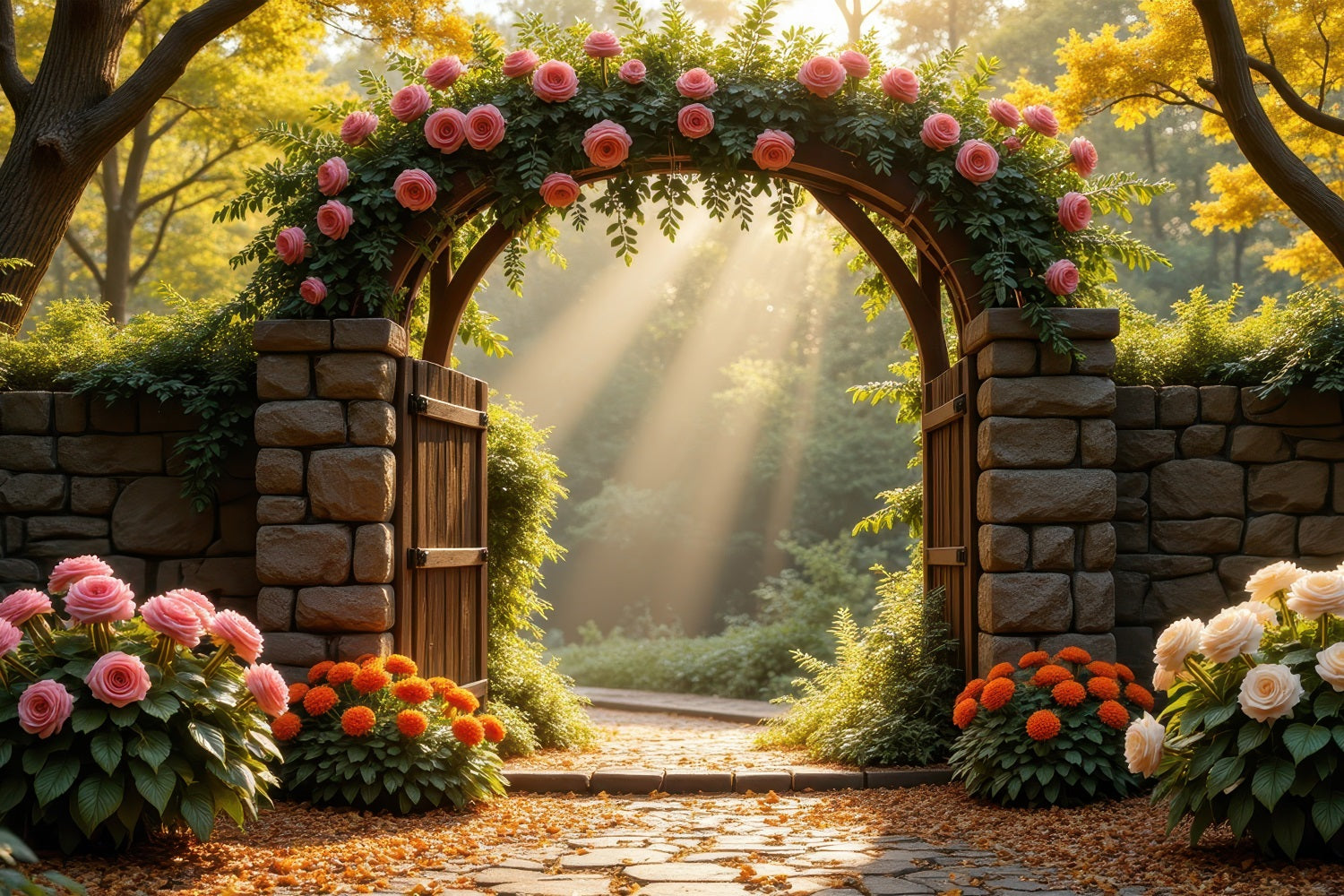 Floral Backdrop Photography Rose-Laden Stone Arch Backdrop BRP1-514