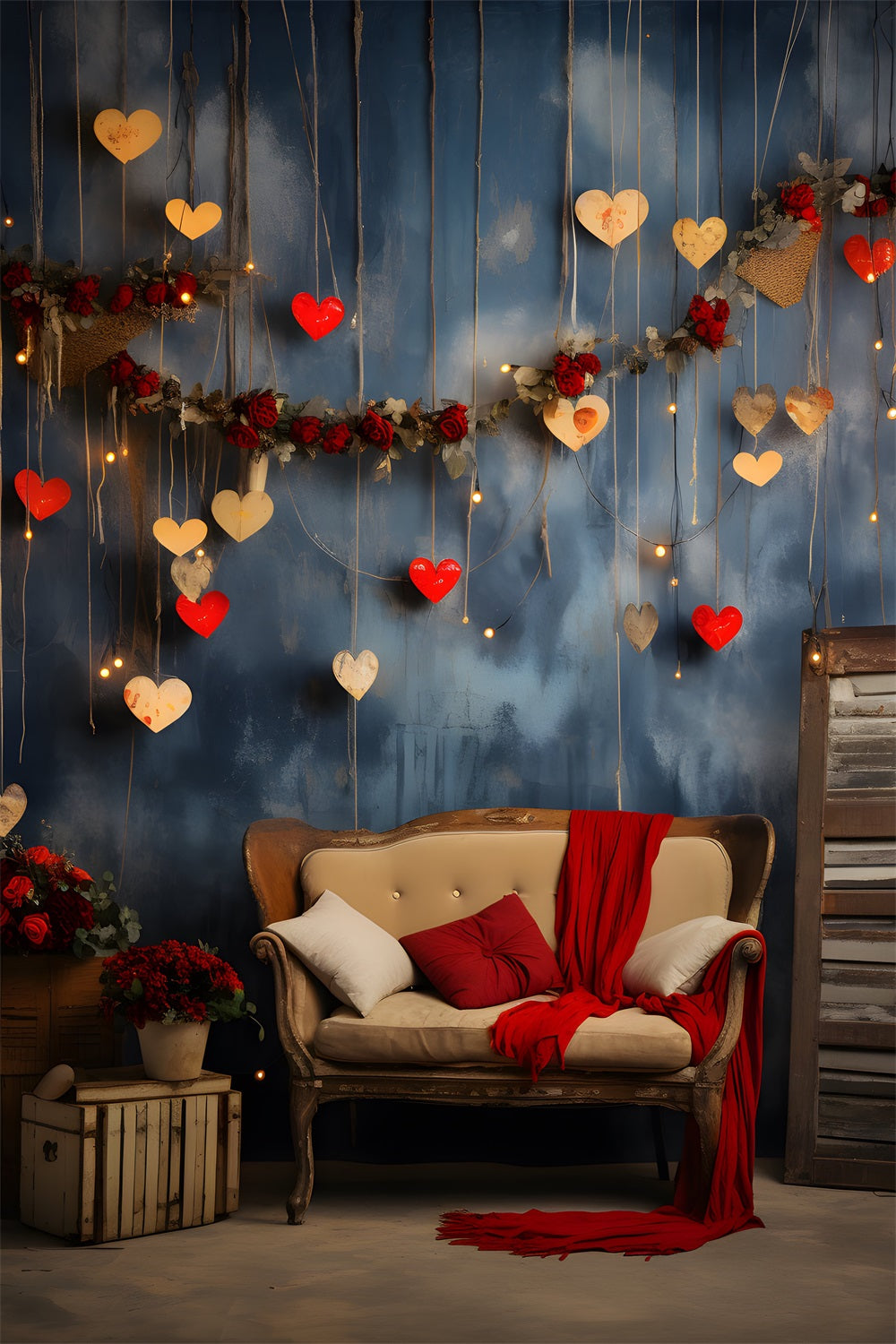 Valentine Theme Backdrop Rustic Red Hearts Roses Backdrop BRP1-82