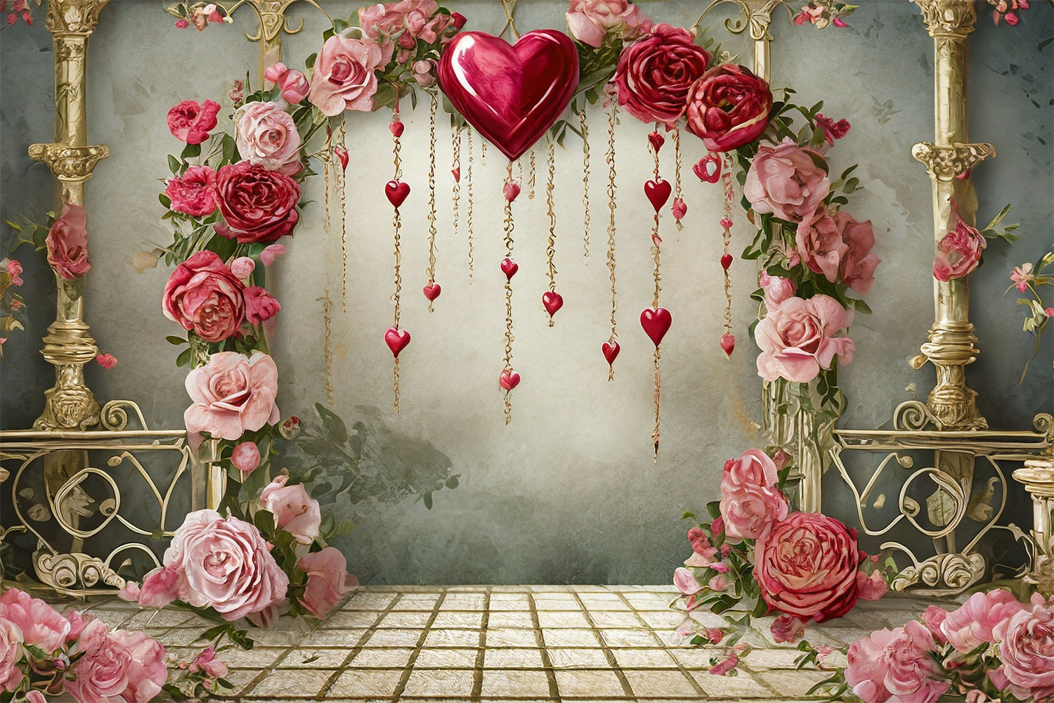 Valentine Backdrops Romantic Roses Hanging Hearts Backdrop BRP1-91