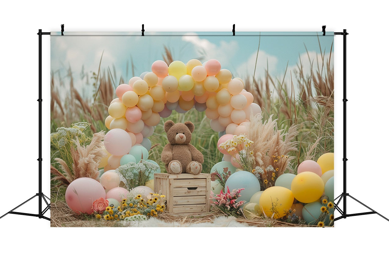 Pastel Balloon Arch Teddy Bear Boho Backdrop BRP10-107