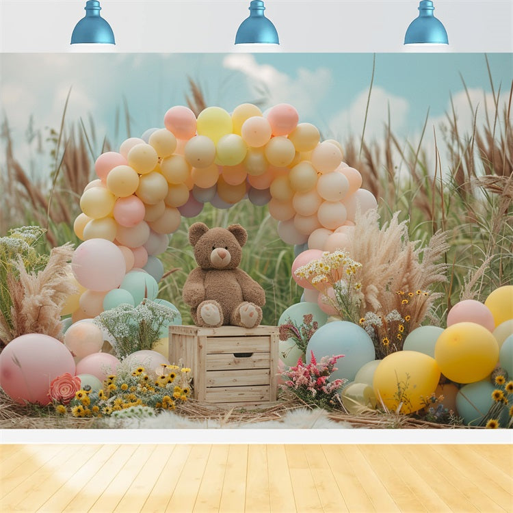 Pastel Balloon Arch Teddy Bear Boho Backdrop BRP10-107