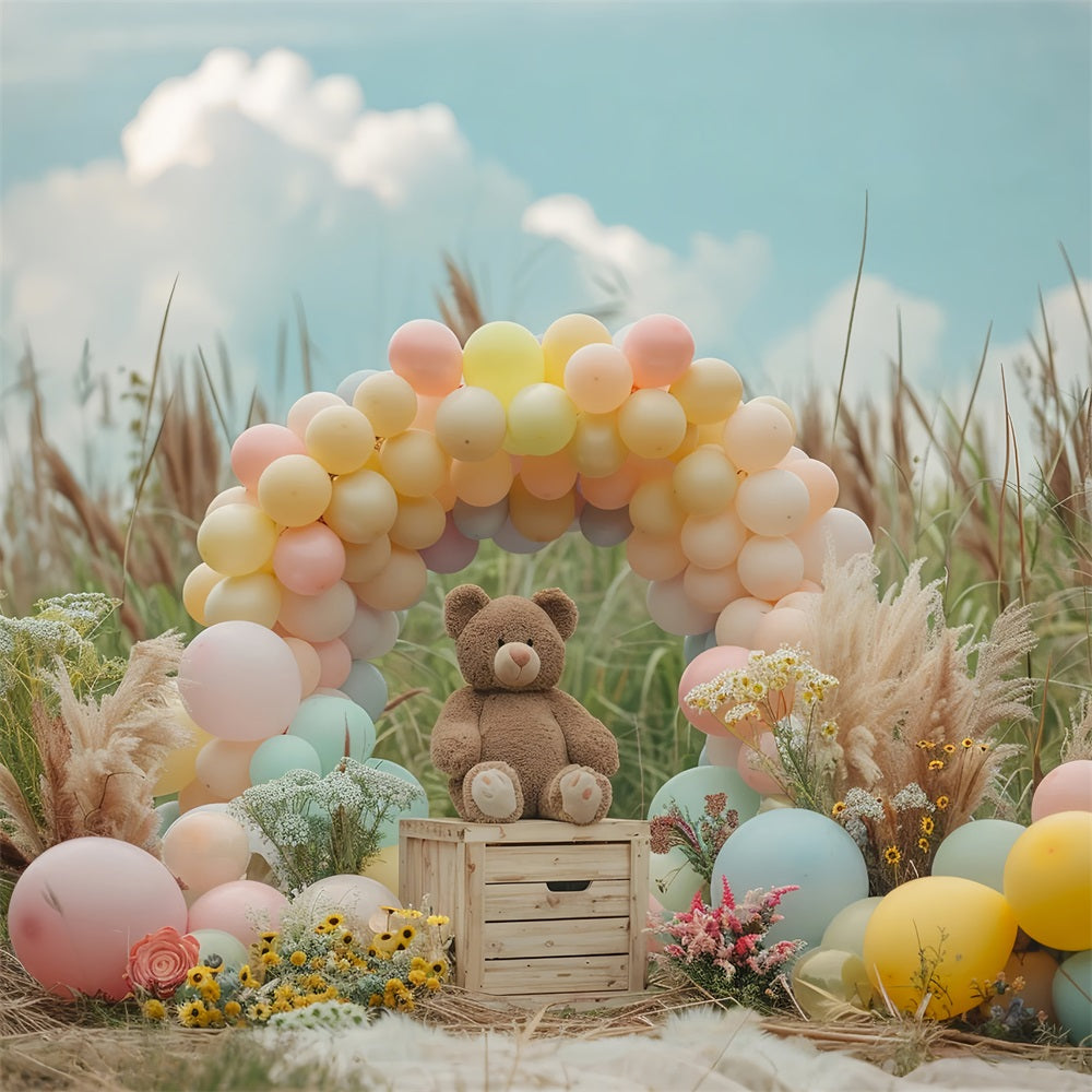 Pastel Balloon Arch Teddy Bear Boho Backdrop BRP10-107