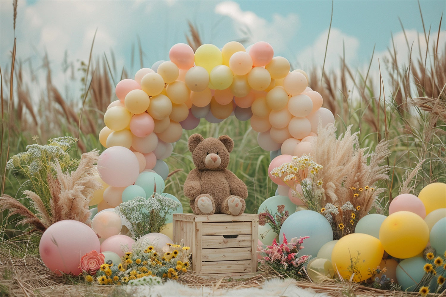 Pastel Balloon Arch Teddy Bear Boho Backdrop BRP10-107