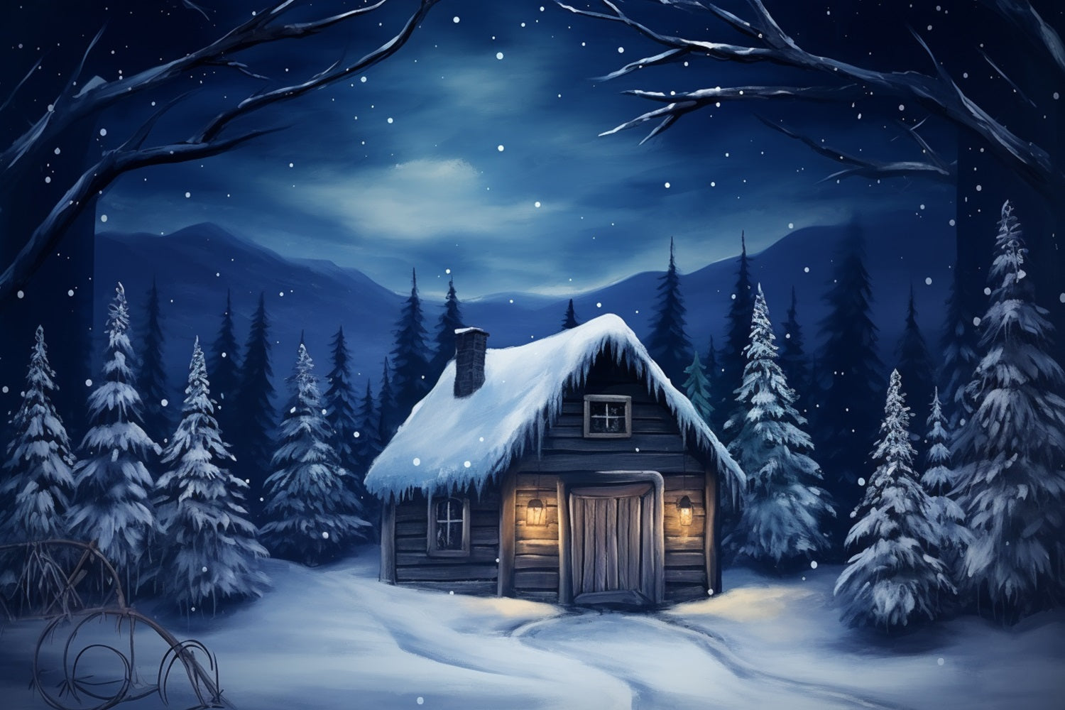 Winter Rustic Mountain House Snowy Sky Backdrop BRP10-11