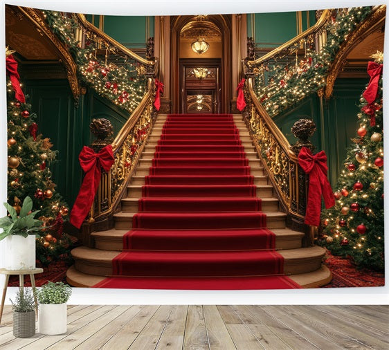 Christmas Photo Backdrop Stairs Twinkling Lights Ornaments Backdrop BRP10-127