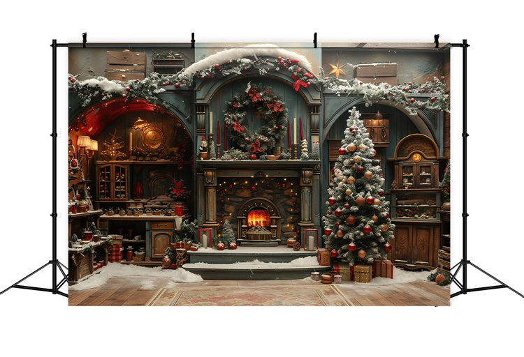 Christmas Backdrops Fireplace Decorated Tree Backdrop BRP10-129