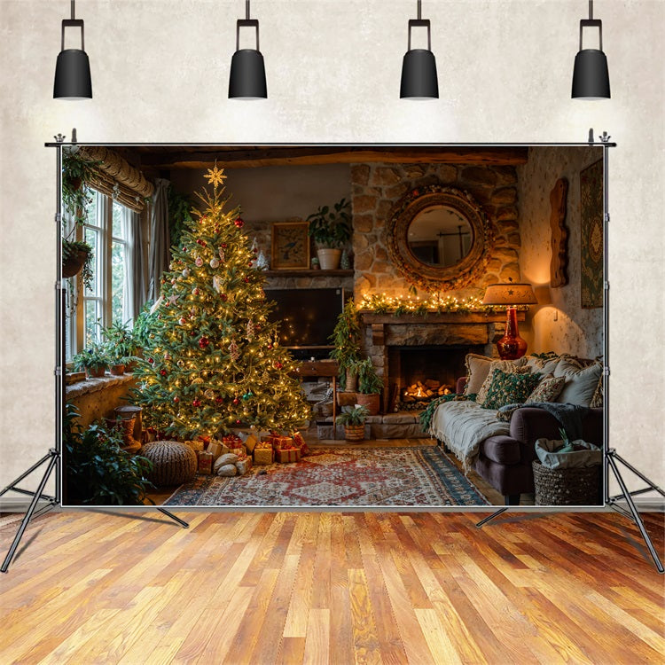 Christmas Backdrop Fireplace Tree Ambiance Backdrop BRP10-132