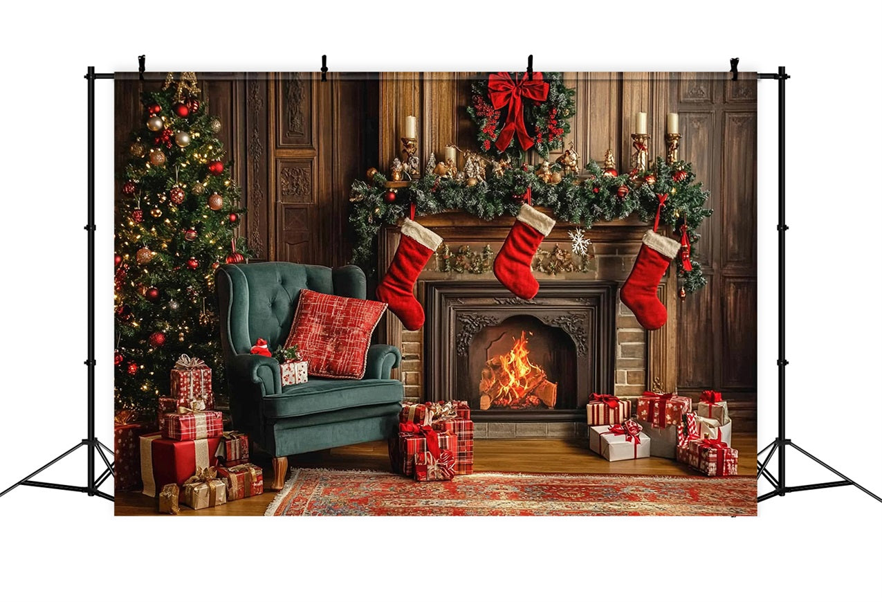 Christmas Backdrop Fireplace Stockings Backdrop BRP10-133