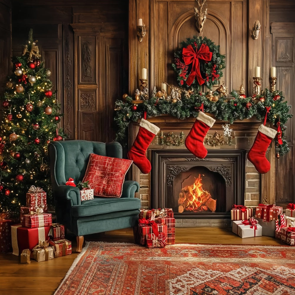 Christmas Backdrop Fireplace Stockings Backdrop BRP10-133