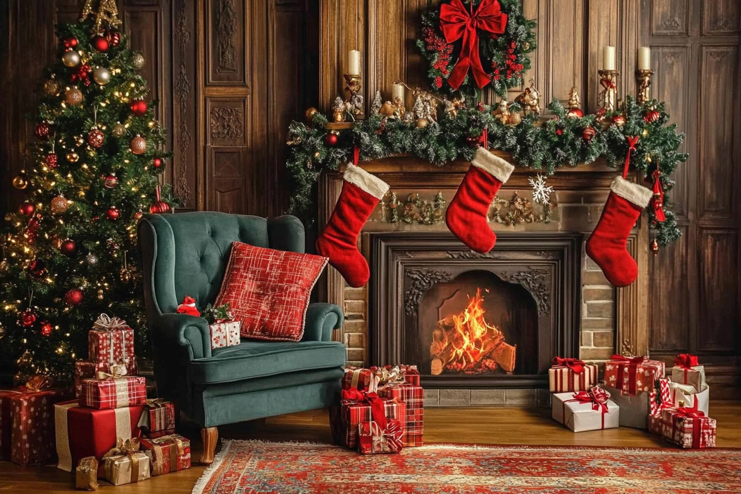 Christmas Backdrop Fireplace Stockings Backdrop BRP10-133