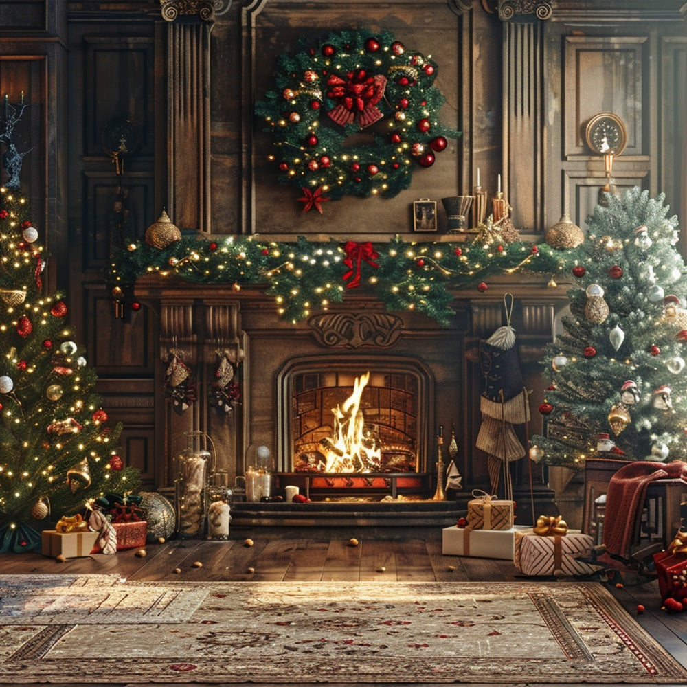 Backdrop Christmas Fireplace Scene Twinkling Lights Backdrop BRP10-134