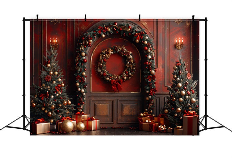 Christmas Photography Backdrop Red Wall Trees Gifts Backdrop BRP10-138