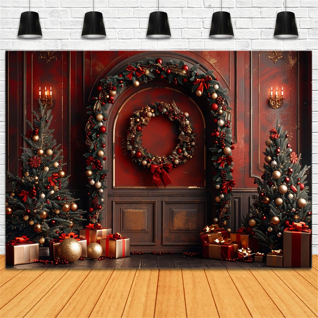 Christmas Photography Backdrop Red Wall Trees Gifts Backdrop BRP10-138