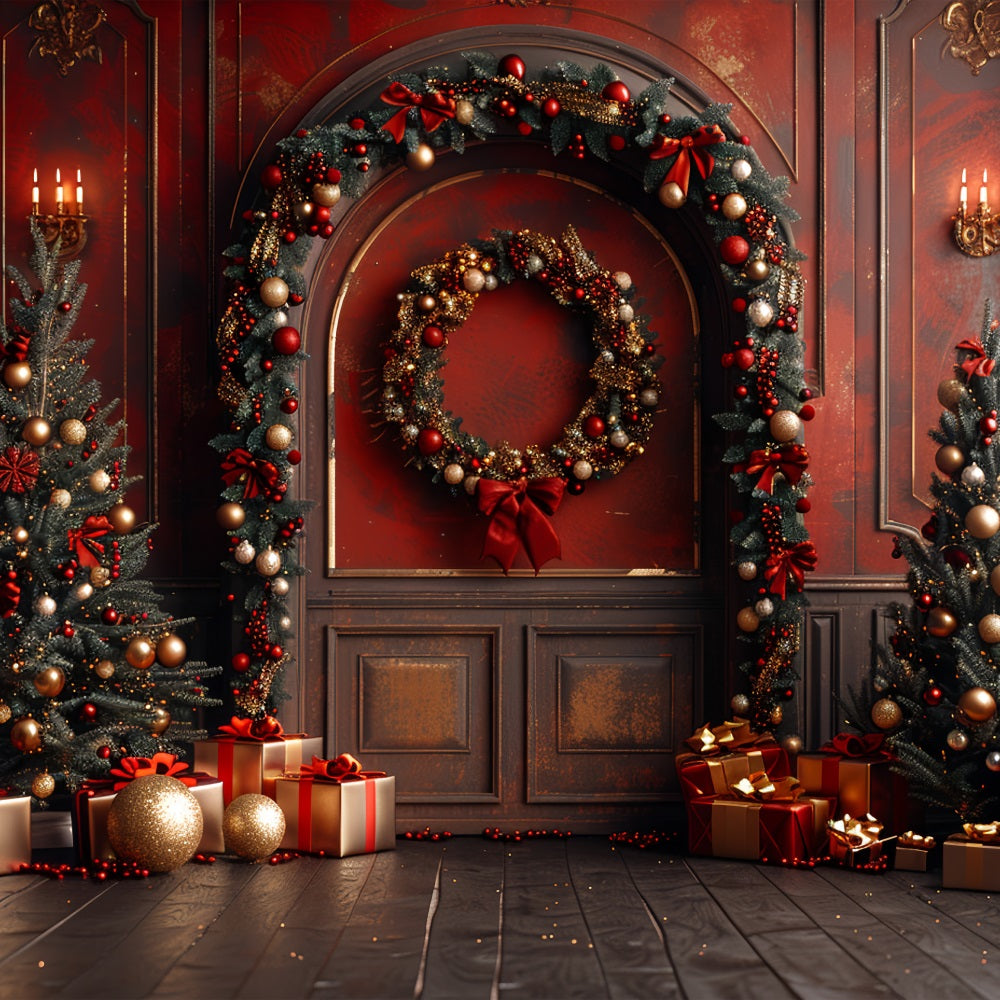 Christmas Photography Backdrop Red Wall Trees Gifts Backdrop BRP10-138