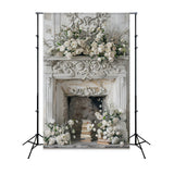 Christmas Fireplace Backdrop White Floral Accents Backdrop BRP10-154