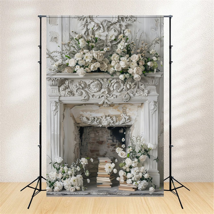 Christmas Fireplace Backdrop White Floral Accents Backdrop BRP10-154