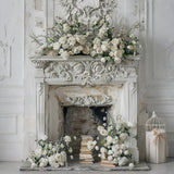 Christmas Fireplace Backdrop White Floral Accents Backdrop BRP10-154