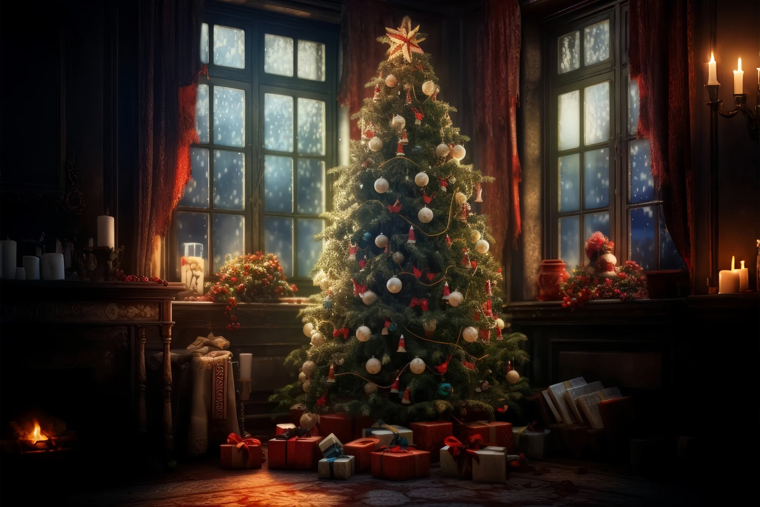 Photo Christmas Backdrop Candlelit Room Tree Backdrop BRP10-157