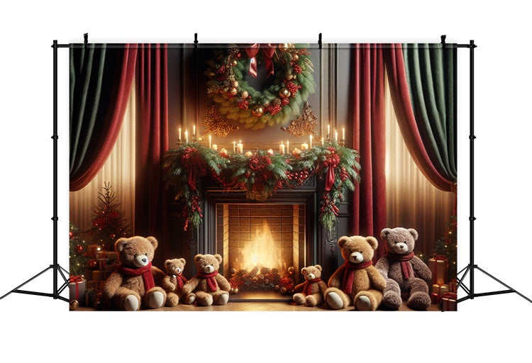 Christmas Wreath Backdrop Bear Family Gathering Fireplace Backdrop BRP10-162